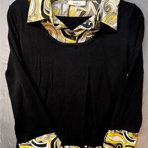 Dressbarn Sweater-Blouse Combo Top - Black, Yellow, White & Gray Paisley Size M